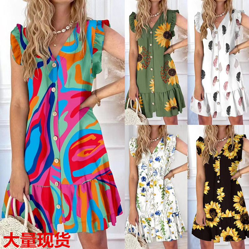 European and American Export 2025 Summer New Amazon V Neck Button Flying Sleeve V Neck Loose Printed Dress