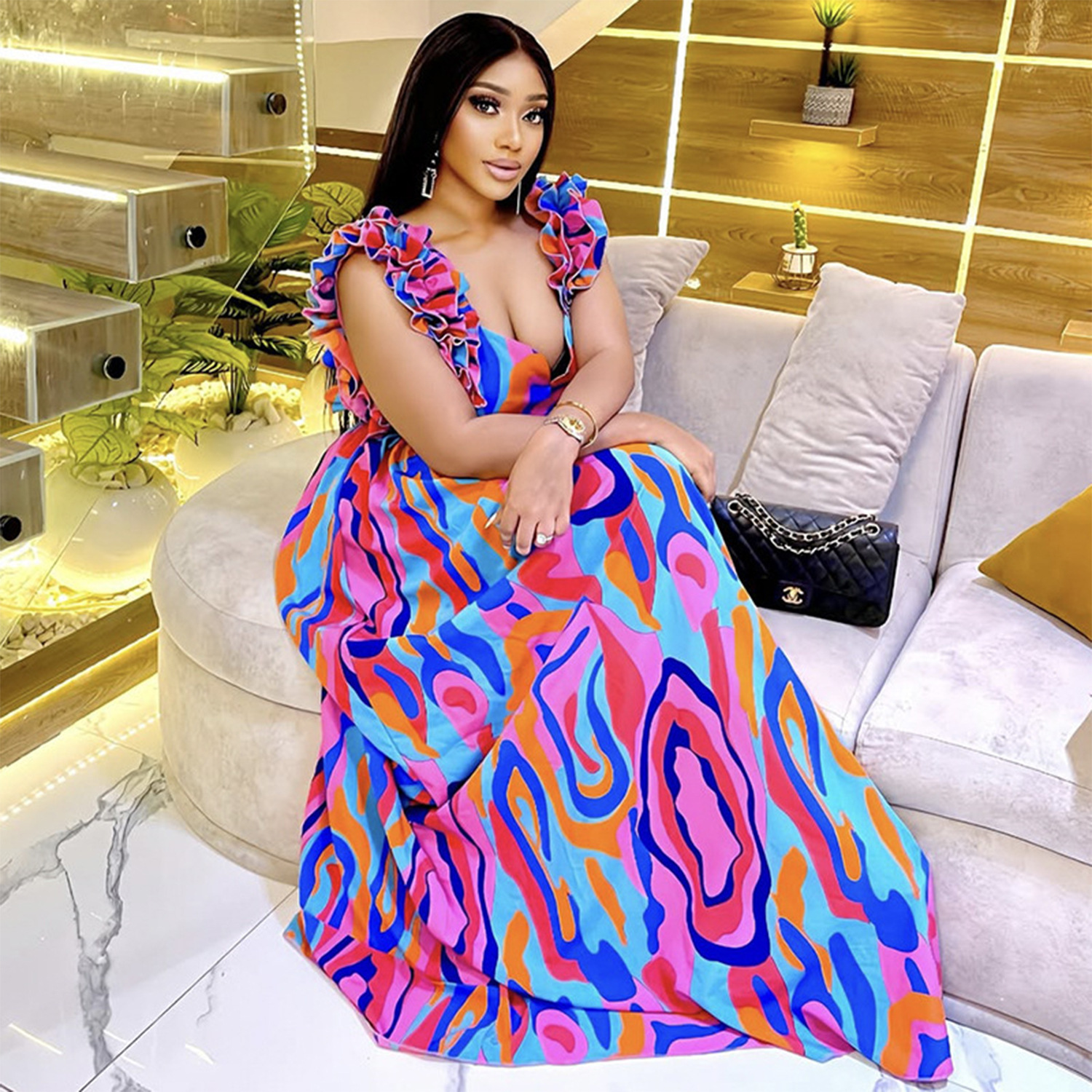 C7512 Aliexpress transfronterizo Amazon Europa y América de moda de mujer elegante vestido de impresión de correa de hombro de hoja de loto nuevo image 5
