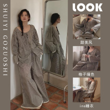 2025年新款睡衣女春秋季薄款长袖套装格子可外穿家居服大码两件套