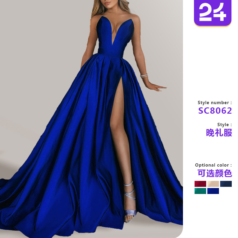 2026 Autumn and Winter New European and American Cross-Border Women's Fashion Amazon Sexy Deep V-Neck Slit Long Dress Wedding Gown 2026 Autumn and Winter New European and American Cross-Border Women's Fashion Amazon Sexy Deep V-Neck Slit Long Dress Wedding Gown