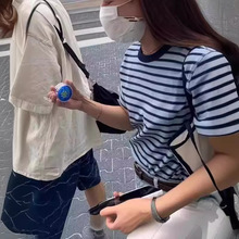 韩版条纹编织学院风文艺范女士短袖修身T恤上衣