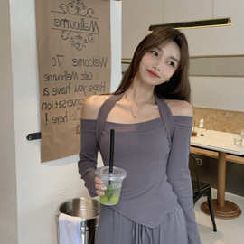 设计感不规则短款一字肩长袖T恤女2021新款早秋修身辣妹挂脖上衣