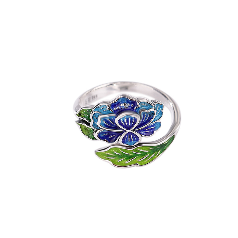 Vòng tay bạc S999 phong cách dân tộc họa tiết hoa sen cloisonne có thể điều chỉnh — Mở một size