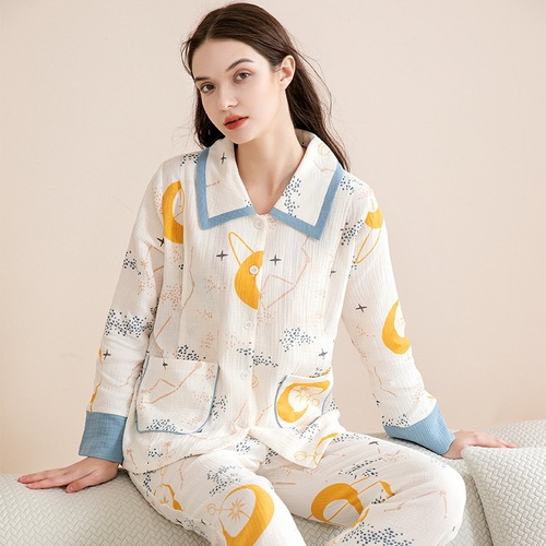 Selected Pure Cotton Gauze Long-Sleeve Postpartum Maternity Pajamas Autumn Comfortable Breathable Nursing Home Set