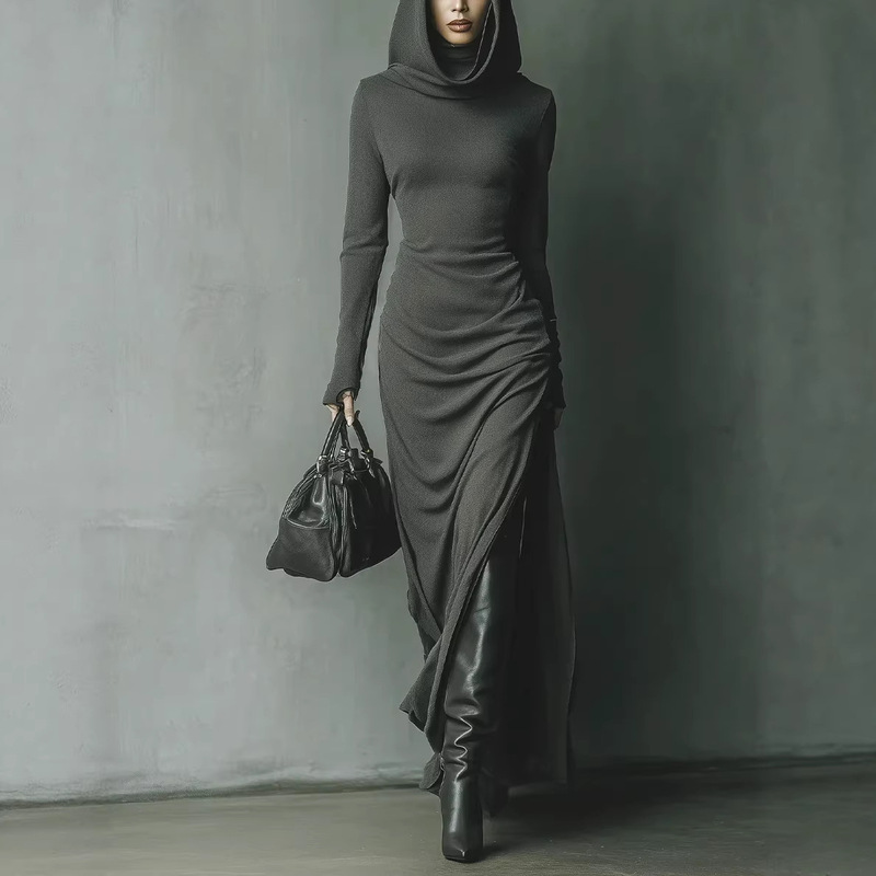 Amazon 2026 European and American Foreign Trade Women's Clothing Solid Color Knitted High-Neck Hooded Dress Elegant Slim Fit Slit Long Dress Amazon 2026 European and American Foreign Trade Women's Clothing Solid Color Knitted High-Neck Hooded Dress Elegant Slim Fit Slit Long Dress