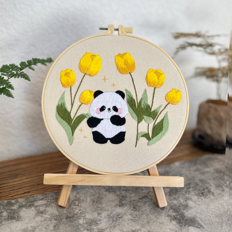Flor Bush panda pequeño conjunto bordado diy material de mano bolsa de dibujos animados aguja animal paquete de bordado hierba de cuatro piezas
