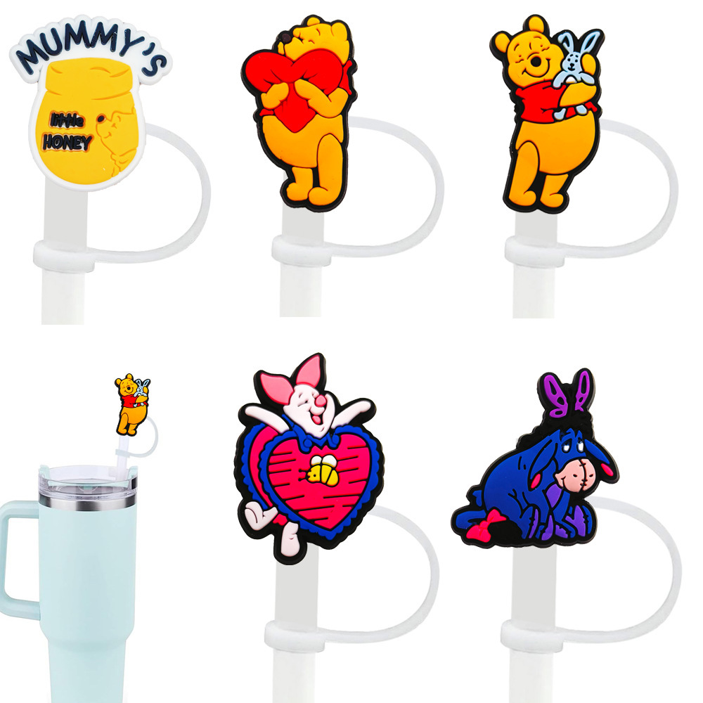 8-10mm Winnie the Pooh tapa de pajita tapón de pajita tapa a prueba de polvo accesorios de pajita de dibujos animados goma suave cubierta a prueba de polvo circulable