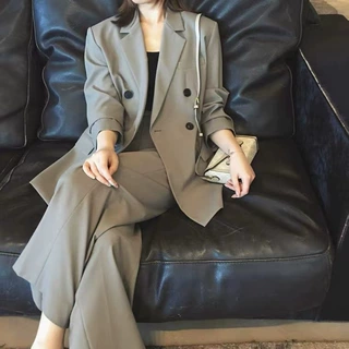 现货厂家批发 新款纯色 J纺羊毛混织双排扣西装+长裤套装女