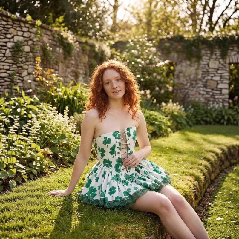 Cross-Border St. Patrick's Day Clover Tube Top Mini Skirt European and American Style Lace-Up Waist Cake Skirt Dress
