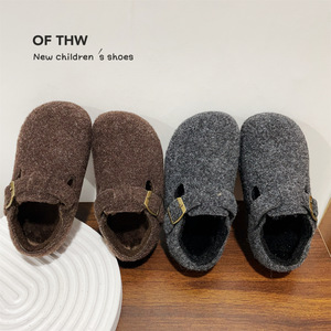 2025年冬款法式复古外穿儿童皮鞋圆头毛毡加绒女童勃肯鞋保暖童鞋