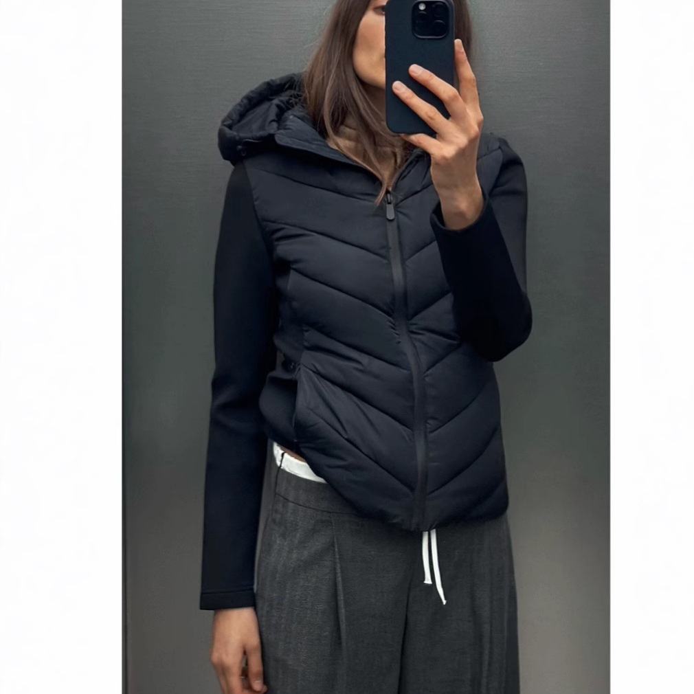 亚马逊欧美跨境长袖立领拼接棉服女小蛮腰修身短款秋冬棉衣外套潮