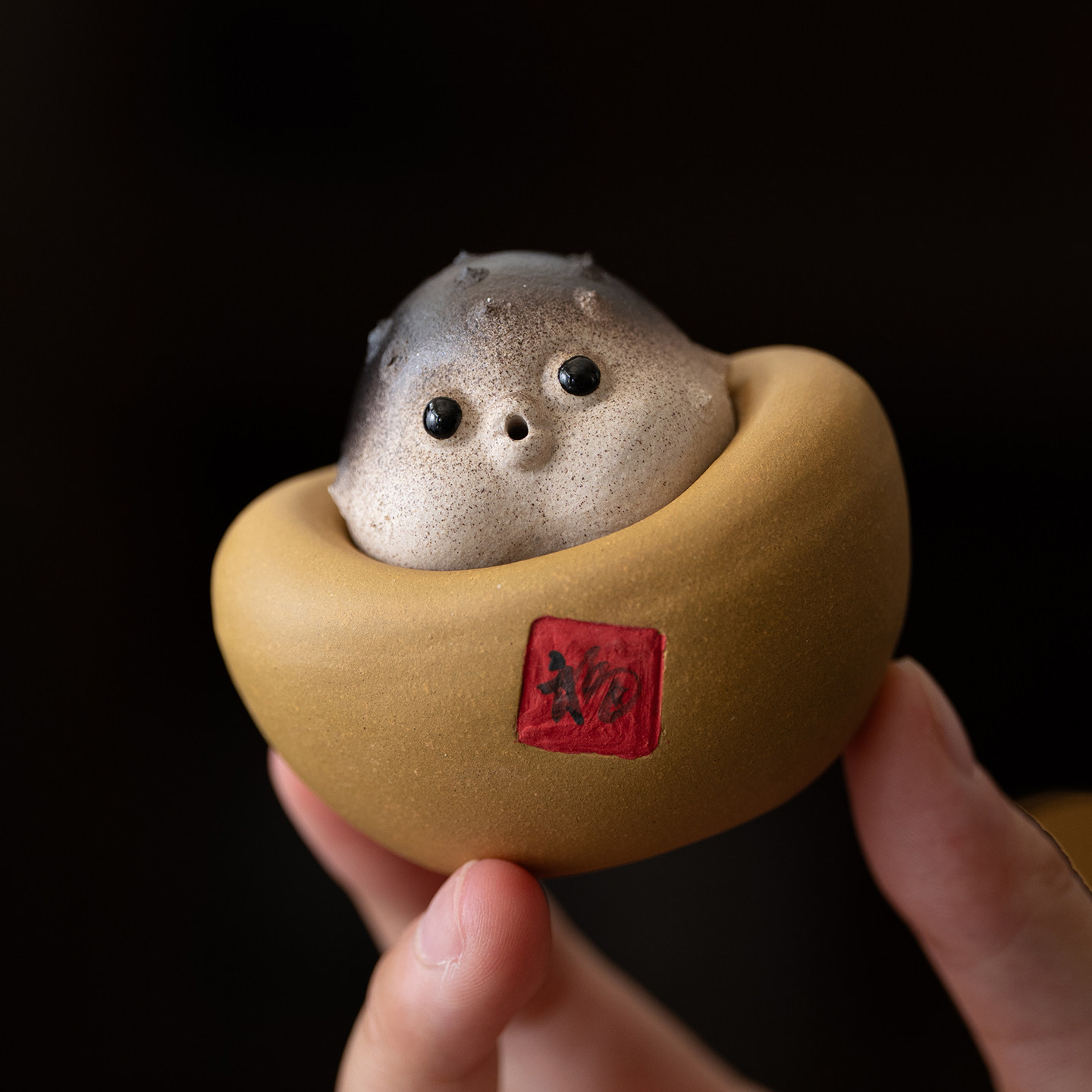 宜兴紫砂茶宠摆件可爱招财元宝纳福小河豚茶道茶玩工艺品装饰摆件