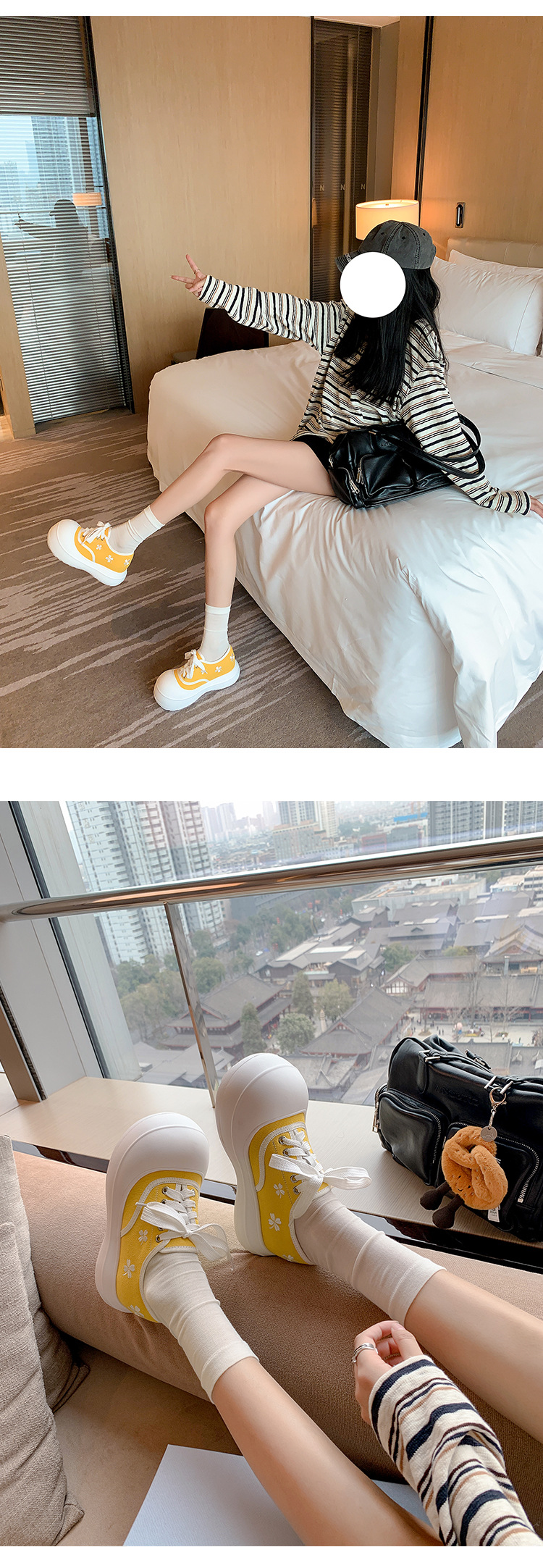 Giày sneaker nữ chunky đế dày thêu hoa mùa xuân 2026 — màu đen, màu vàng, màu đỏ chi tiết 20
