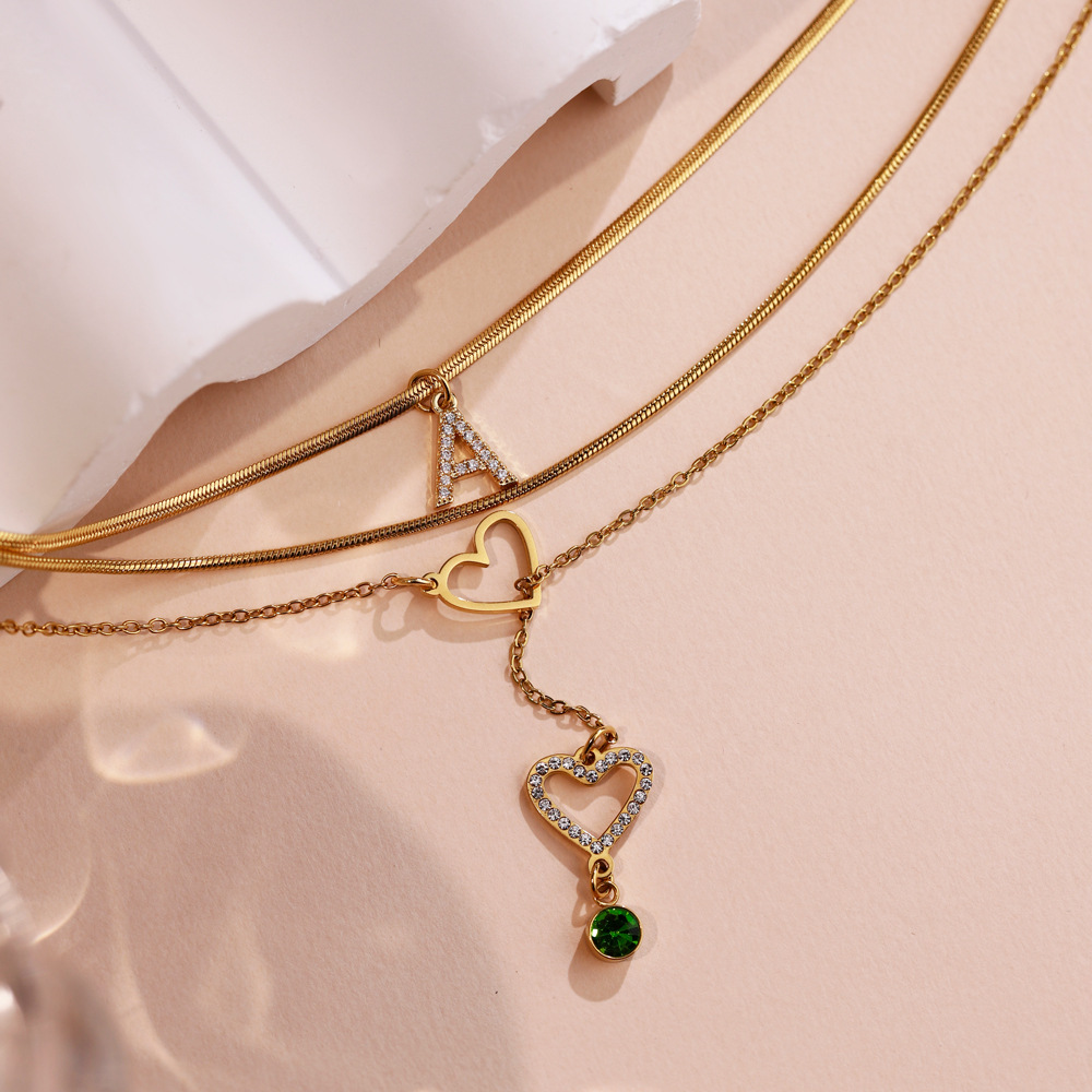18g Weight Gold Plated Plating Material 304 Stainless Steel Pendant Material Rhinestones, Birthstone Inlay Material Three Layer Necklace Classification 304 Stainless Steel Chain Material foxtail chain, ball chain, cable chain Chain Type Wholesale Jewelry IG Style Korean Style Letter Heart Shape 304 Stainless Steel Rhinestones Birthstone Gold Plated Plating Inlay Three Layer Necklace