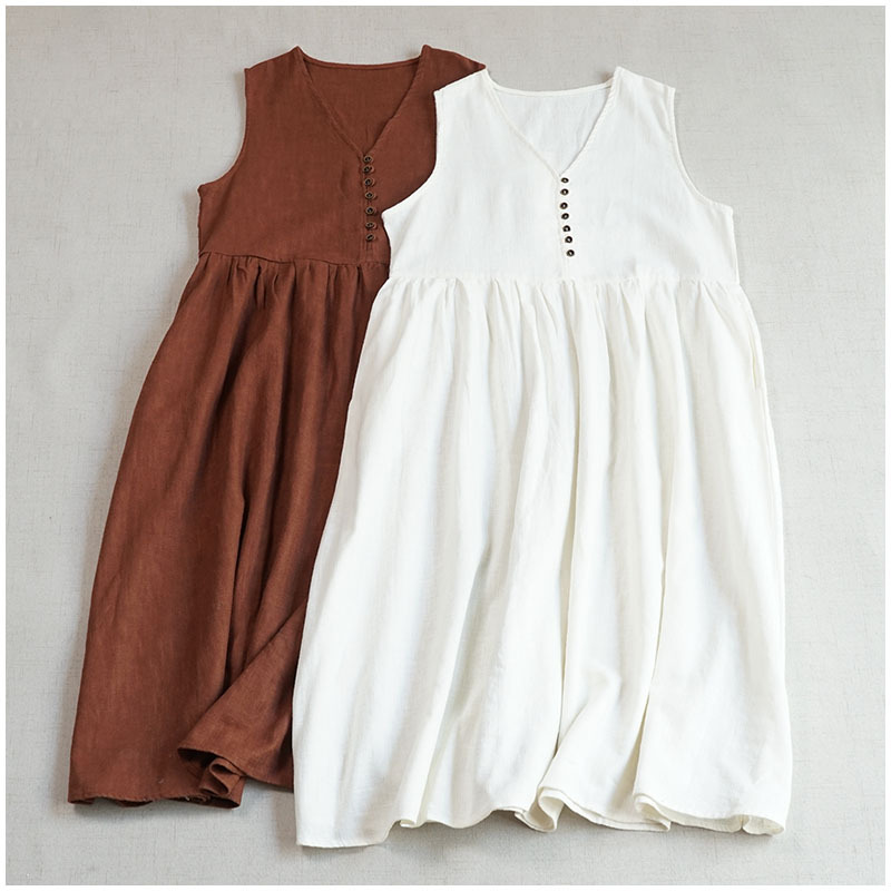 Lengthened V-Neck Multi-Buckle Sleeveless Cotton Linen dress Mori Style All-Match Loose Stacked Outer Vest Long Gown Dress