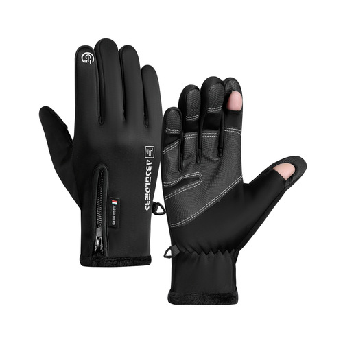 Cross-border autumn and winter gloves with flip cover and two-finger touch screen zipper for fishing and cycling outdoor sports plus velvet to prevent cold and keep warm