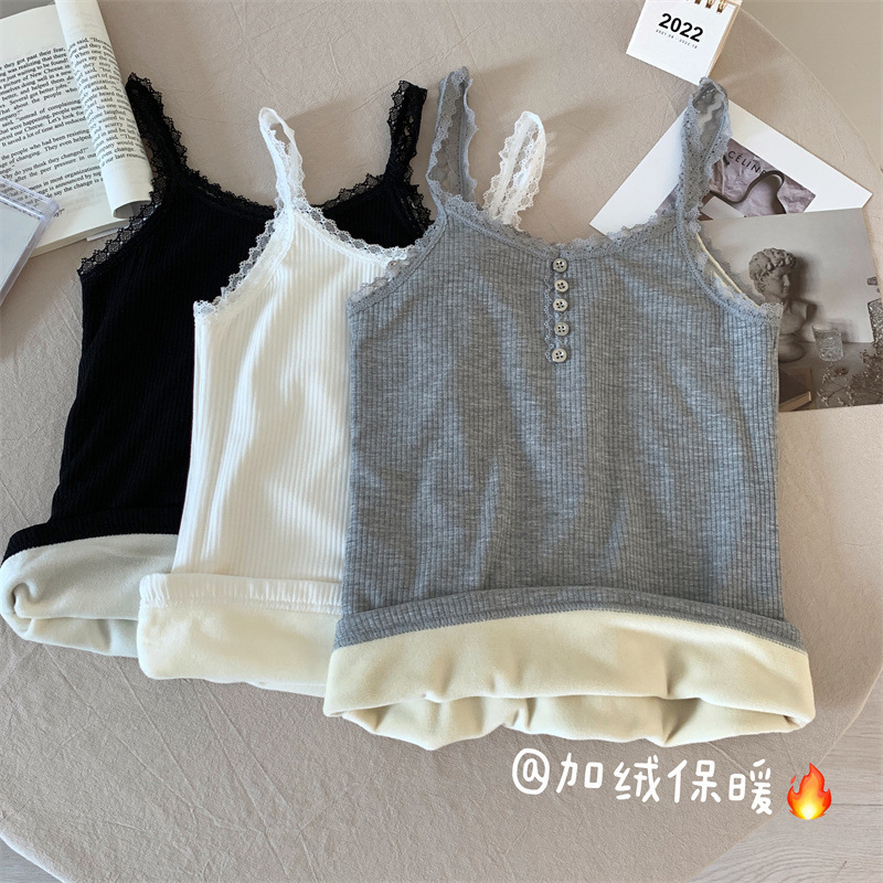 Sling Lace Stitching Sleeveless fleece-lined Warm Vest Women's Heat Storage Cold-proof Inner Base Warm Underwear for Women