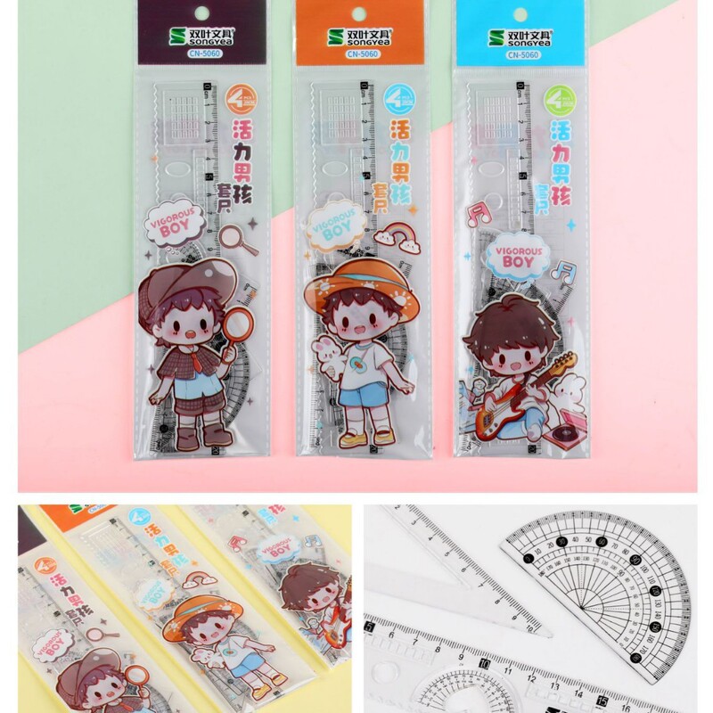 漫画かわいい定規セット 4 ピース小学生文具セット学用品定規三角板分度器卸売|undefined