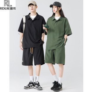 Rich Line Summer Couple Casual Fashion Suit Ice Silk Quick-drying Thin Two-piece Set All-match Loose Lapel Short-sleeve Trendy