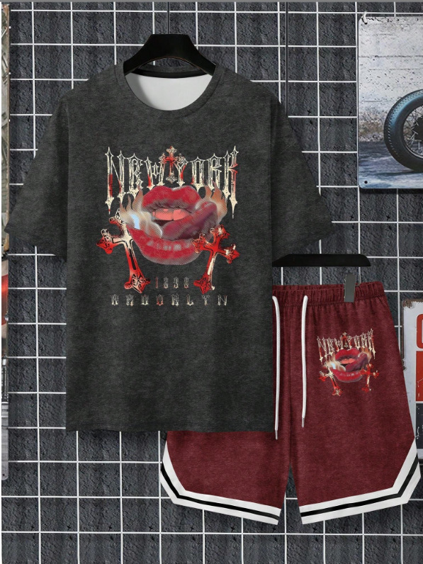 Amazon TEMU ホットセール 3D プリントクロスボーダー夏ルーズ通気性半袖ラウンドネック Tシャツショーツツーピーススーツ|undefined
