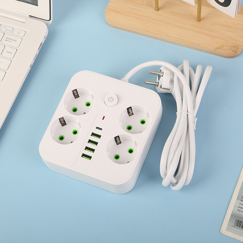 Caja de toma de corriente europea en blanco y negro 4USB + 1 Tipo-C con interruptor