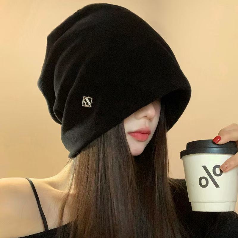 新款金属字母标黑色堆堆帽女秋冬百搭大头围冷帽显脸小套头包头帽|undefined