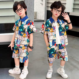 男童花衬衫夏套装2026新款儿童中小童夏季短袖两件套炸街衬衣夏天