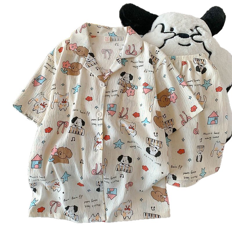 Impresión de dibujos animados nubes de algodón pijama de mujer verano nuevo suelto delgado pareja ropa de hogar de mangas cortas pantalones cortos dos piezas