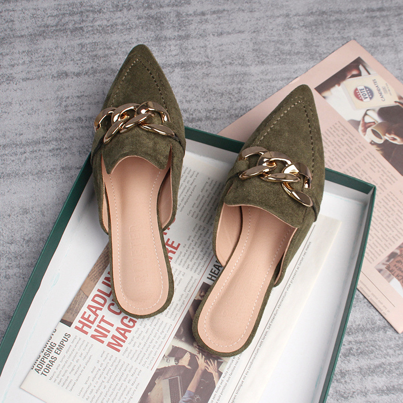 Flat half slippers women's spring and autumn new pointed metal chain Muller shoes 41-43 foreign trade shoes wholesale_voghion.com