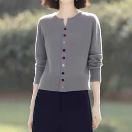 2025秋季新款气质温柔时尚百搭纯色圆领秋季灰色彩扣针织衫开衫