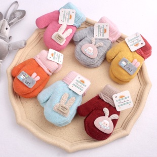 Winter Thickeneded and Velvet Kidsren's Men's and Women's Gloves Cartoon Cute Cold-Proof and Warm Full-Finger Bag Set Baby Kindergarten with Rope