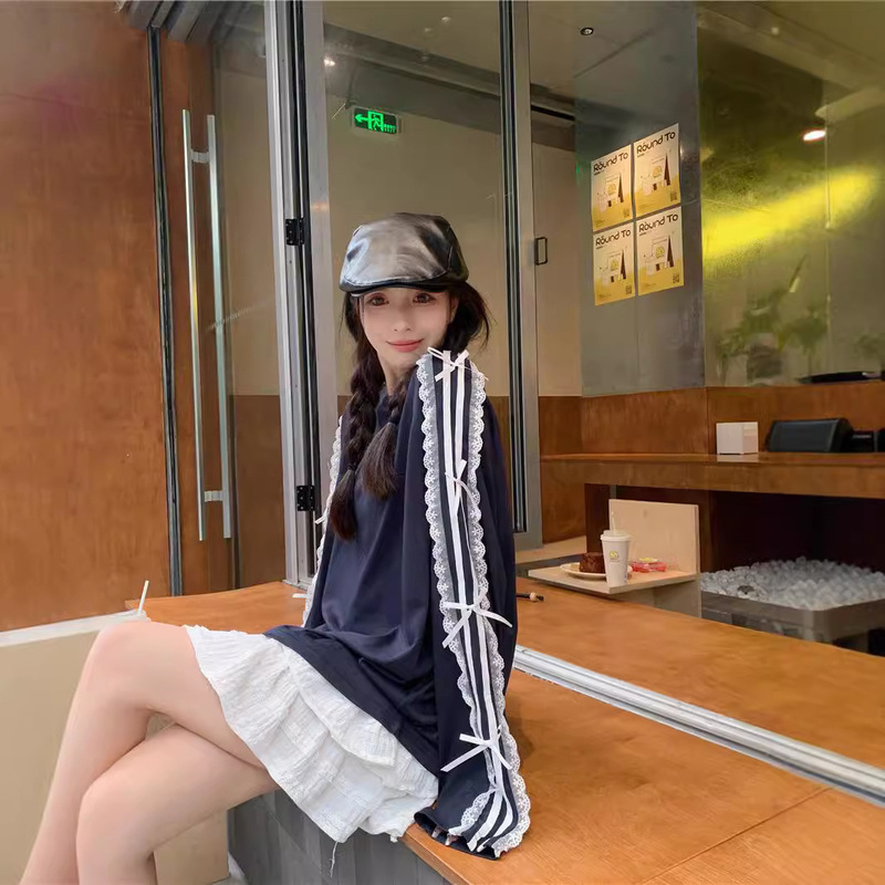 Lace Striped Bow Long-sleeved T-shirt Women's Summer Korean Style Casual Loose Mid-length Design Sense Top