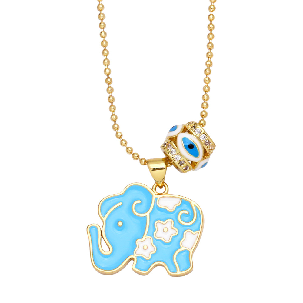 Creative Double Pendant Cute Color Dripping Oil Eye Elephant Copper Necklace Wholesale display picture 3