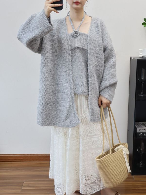 2025秋冬新款挂脖吊带针织开衫两件套立体花朵温柔风毛衣套装女潮|undefined