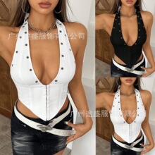 欧美跨境夏季新款修身无袖深V领露背吊带背心眼扣挂脖带系上衣女
