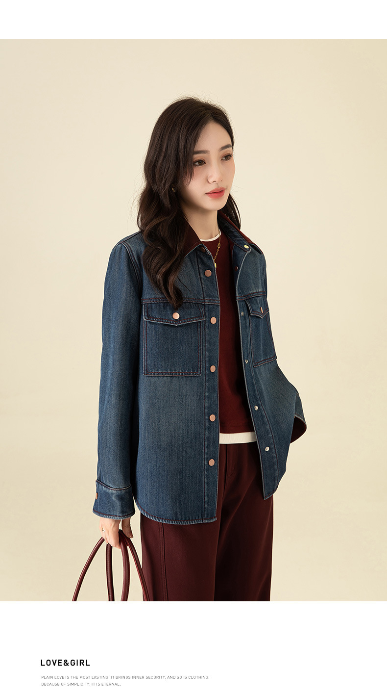 Áo sơ mi denim nữ phong cách retro Hàn Quốc lót lông cừu dày dặn, dáng rộng mặc nhiều lớp mùa đông — Màu xanh lam chi tiết 20