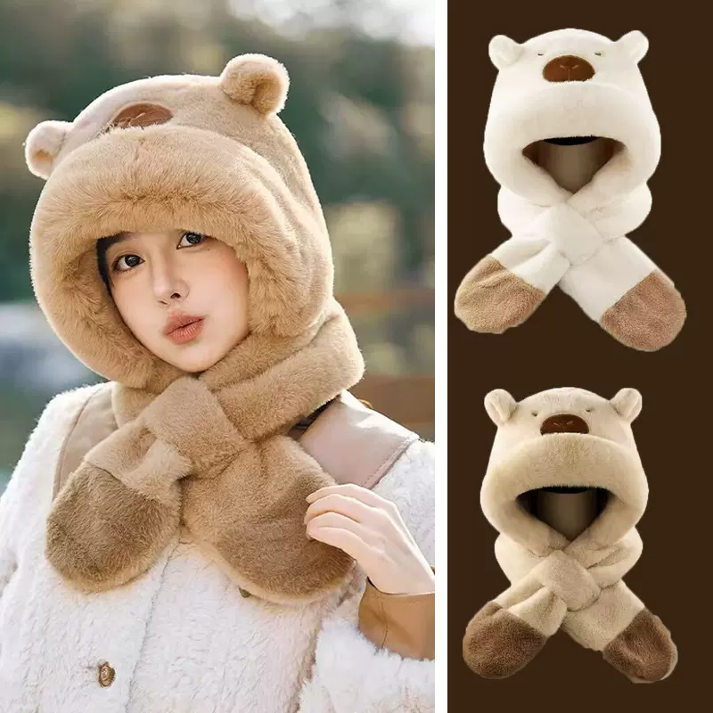 秋冬新款帽子女卡皮巴拉可爱毛绒围巾一体二件套保暖骑行护耳帽