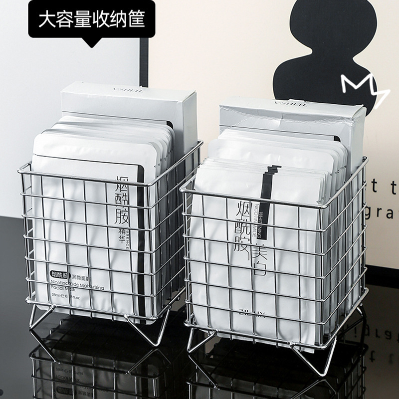 Ins鉄芸収納バスケットオフィス寮収納ボックスデスクトップ大容量化粧品雑物マスク収納棚|undefined