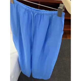 挚爱推荐！慵懒风蓝色亚麻休闲裤女夏季新款松紧腰抽绳垂感阔腿裤