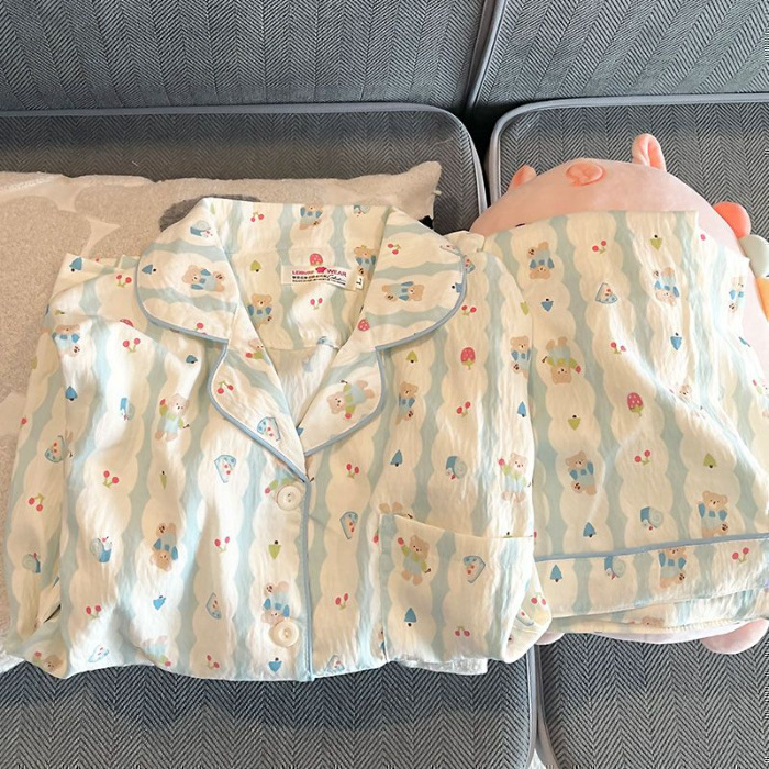 日系格子helloKitty睡衣女款春秋夏季纯棉长袖可爱开衫棉纱家居服|undefined