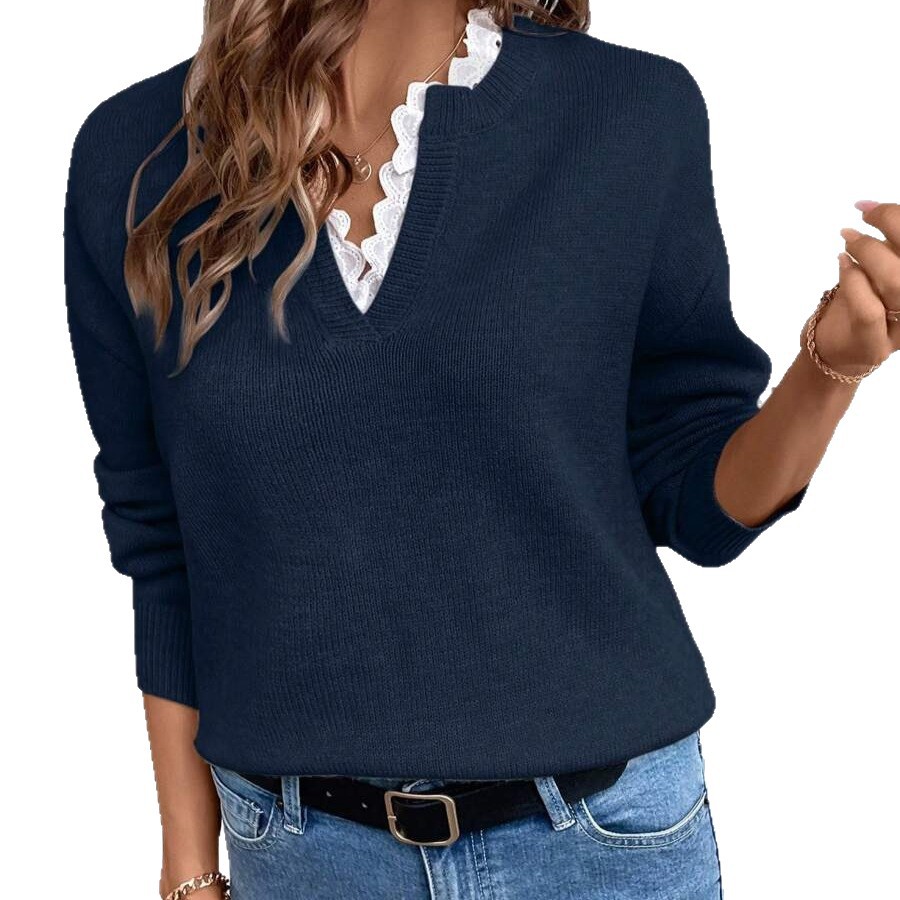 Herbst/Winter 2026: Modischer Damen-Strickpullover mit V-Ausschnitt, Spitzenbesatz, einfarbig, locker geschnitten, langärmelig_voghion.com