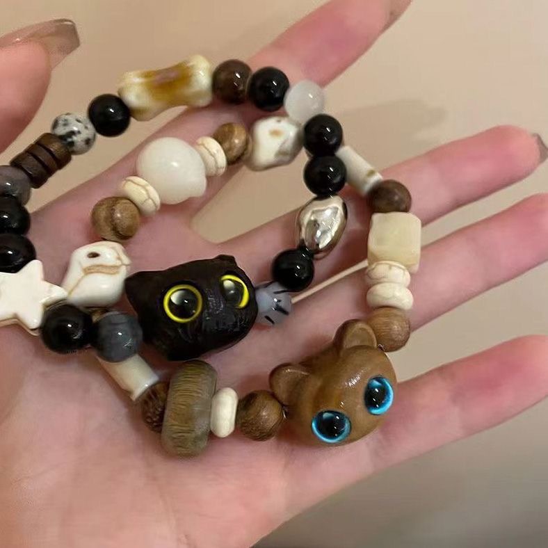 復古感情侶款可愛手工串珠小貓咪手鍊木質手鍊小眾ins高級感手鍊