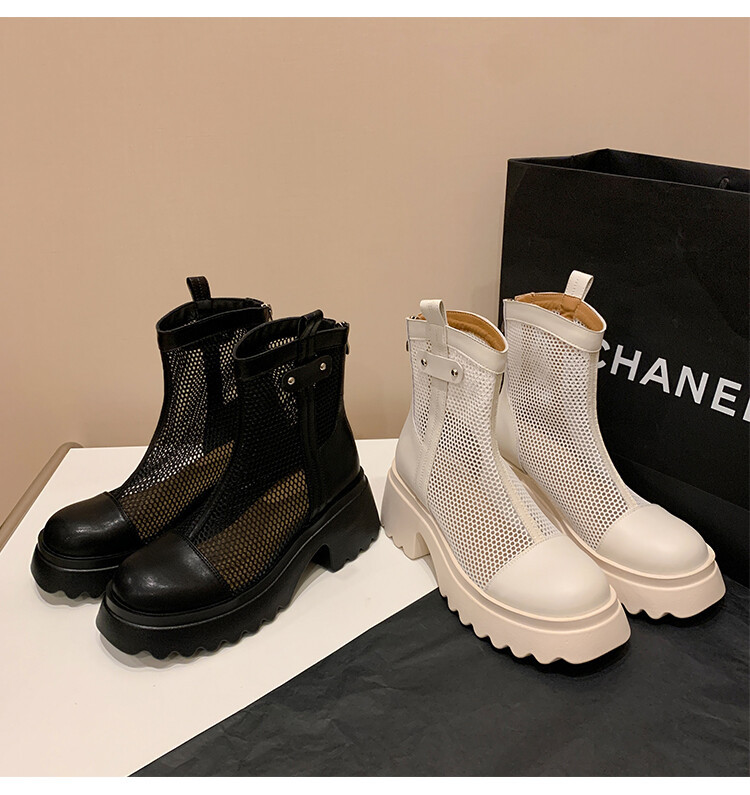 Boot nữ cổ cao đế dày gót bánh xốp da bò lưới thoáng khí xuân hè 2024 — Màu đen, Màu trắng be chi tiết 39