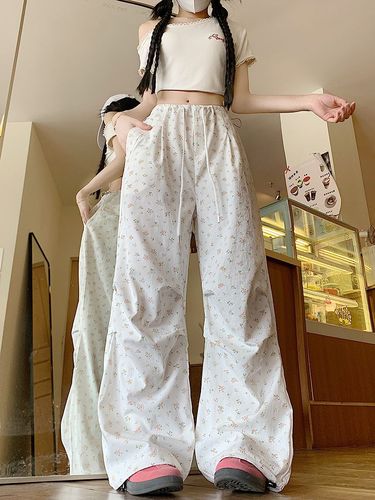 Floral Work Pants for Women - Spring and Summer Thin High-Waisted Loose Casual Wide Leg American Retro White Sport Pants
