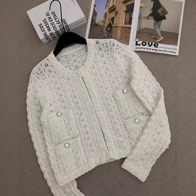 Длинный рукав с круглым воротом, осенний кардиган, стиль Chanel, с цветочным принтом