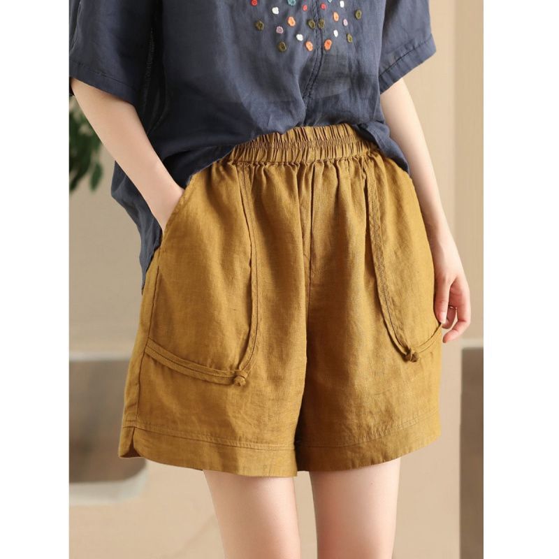Vintage Style Shorts, Artistic Cotton-Linen, with Pockets, Elastic Waist, Wide-Leg Casual Pants, Straight-Cut, Versatile Vintage Style Shorts, Artistic Cotton-Linen, with Pockets, Elastic Waist, Wide-Leg Casual Pants, Straight-Cut, Versatile