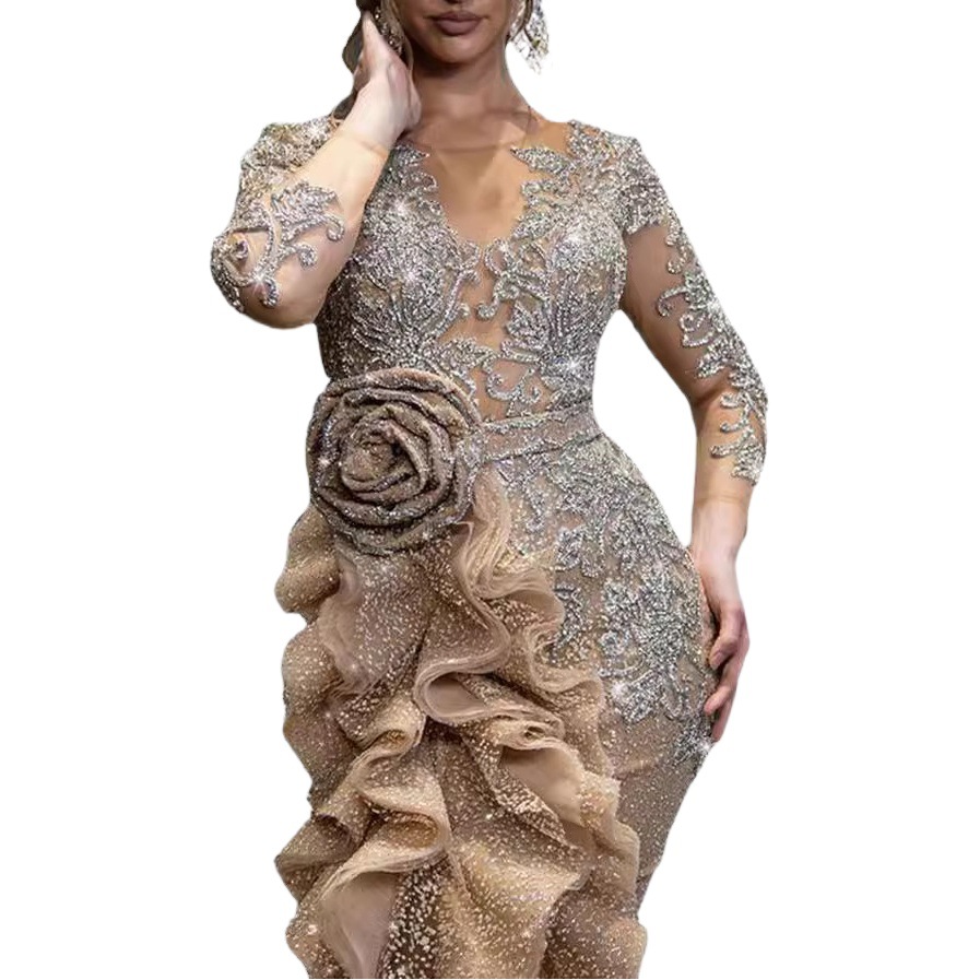 Nuevo vestido de noche de manga larga con cola, estilo europeo y americano, sexy, con salpicaduras doradas, para mujer, de moda transfronteriza, para eBay.