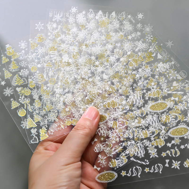 冬季12张圣诞节美甲贴纸轻奢烫金闪粉圣诞树雪人节日DIY手账贴纸|undefined