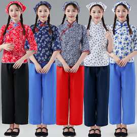 舞蹈碎花采茶女村姑民族舞蹈乡村风服装阿庆嫂演出服中老年秧歌服