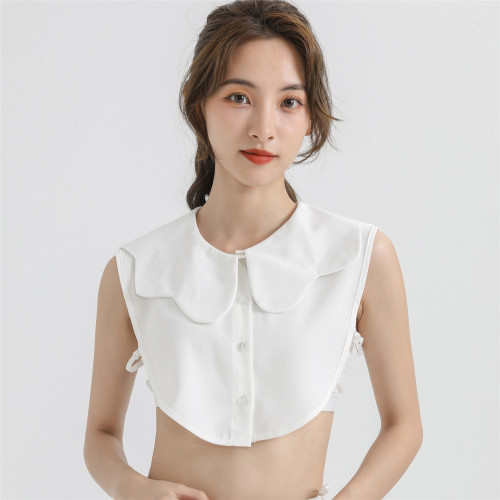 Peter Pan wavy round neck, salty or sweet, white chiffon, artistic and fresh, with fake collar inside